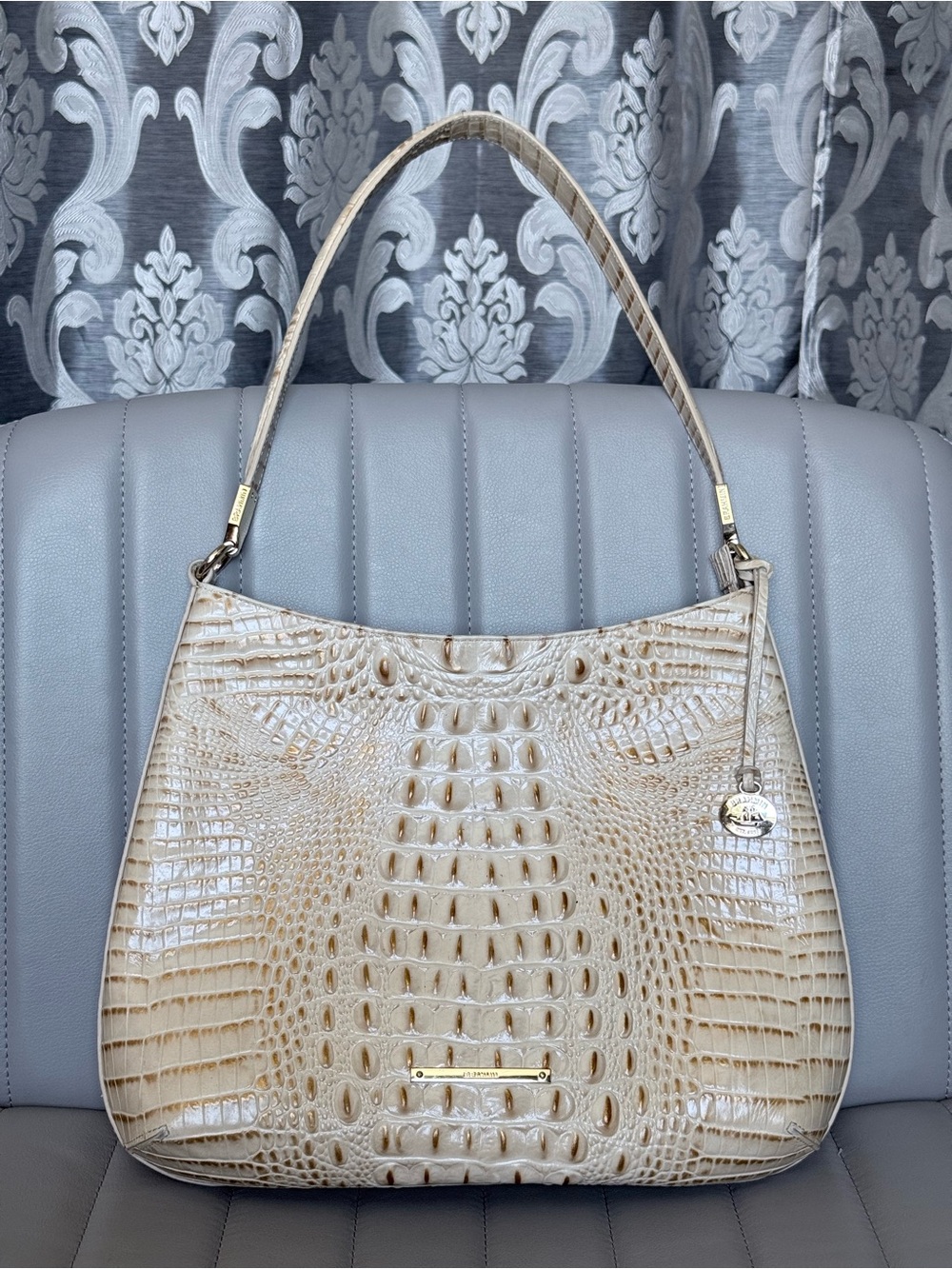Brahmin Cream Croc-Embossed Shoulder Bag with Gold Hardware